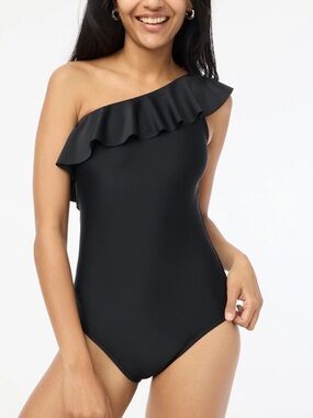J CREW One-Shoulder Ruffle Black Women's Swimsuit MEDIUM